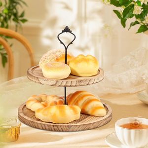 ชั้นวางขนมสองชั้นสไตล์ยุโรป ถาดเค้กไม้ทรงกลม สำหรับงานเลี้ยงวันเกิด - Product Image 1