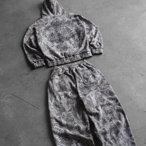 Custom Wholesale Heavyweight Cotton Fleece All Over Print Floral Texture Acid Wash Full Zip Mens Hoodie and Shorts <b>Set</b> - Product Image 2