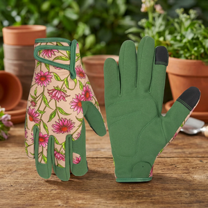Gants de travail antidérapants en cuir PU JNA GROUP, imprimé floral vert, poignet élastique, doigts texturés, gants de sécurité 4 mil - Product Image 2