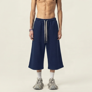 Shorts amples bleus unis pour hommes, taille mi-haute, avec cordon de serrage, style urbain décontracté, respirant, écologique, en toile infroissable - Product Image 1