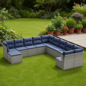 Juego de sofás de patio de ratán sintético gris, 11 piezas, muebles de jardín para exteriores con cojines, diseño contemporáneo resistente a la intemperie - Product Image 2