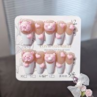 Faux ongles 3D en acrylique réutilisables, motif cochon rose et accents de cœurs roses, pour les amateurs de style Kawaii et l'usage quotidien décontracté