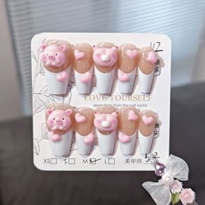 <span class=keywords><strong>Faux</strong></span> <span class=keywords><strong>ongles</strong></span> 3D en acrylique réutilisables, motif cochon rose et accents de cœurs roses, pour les amateurs de style <span class=keywords><strong>Kawaii</strong></span> et l'usage quotidien décontracté - Product Image 3