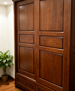 Armario Espacioso con Puertas Corredizas de Madera Maciza y Cajones, Armario de Almacenamiento de Ropa para Dormitorio, Estilo Retro Nogal - Product Image 6