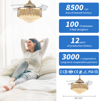 Ventilateur de plafond LED de luxe moderne avec lumières, lustre suspendu rétractable doré fantaisie en cristal pour la maison, vente en gros