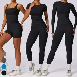 Abbigliamento da allenamento con Logo personalizzato Leggings a vita alta traspiranti magliette sportive 5 pezzi Set da Fitness da palestra ad asciugatura rapida Set da Yoga da donna