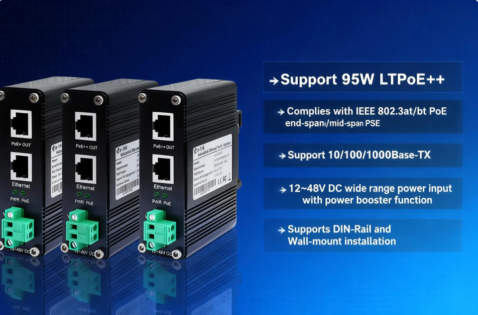 Gigabit Industrial PoE Injector High Power 802.3bt PoE Injector for Industrial Applications -40&deg;C to 80&deg;C