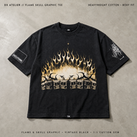 T-shirt vintage personnalisé en coton noir 280 g/m² coupe ample et épaisse, avec motif flamme vintage et impression sérigraphiée vieillie, style streetwear, OEM ODM