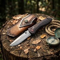 Couteau EDC DIY en acier Damas VG10 avec pivot à roulement à billes, manche en bois de santal, étui en cuir, pour camping, survie, collection, noir