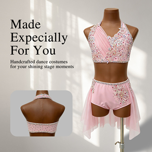 Pink Rhinestone Two Piece Lyrical Dance Costume Girls Crop Top Asymmetrical Tulle <b>Skirt</b> Set for Contemporary Lyrical Dance - Product Image 1