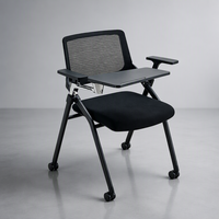 Chaise de formation mobile pivotante avec cadre pliant, tablette intégrée, porte-gobelet et double roulettes – Idéale pour les salles de classe