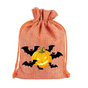 Sac en toile de jute pour fête d'Halloween 13x18cm, sac en lin à cordon, pochette citrouille effrayante, idéal pour décorations d'Halloween, emballage de bonbons et badges - Product Image 4
