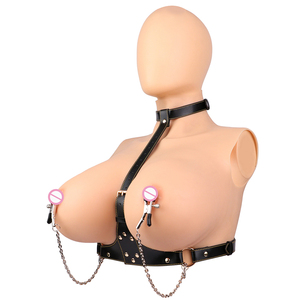 Arnés de pecho <span class=keywords><strong>Bondage</strong></span> de cuero PU con abrazaderas de cuello y pezón, <span class=keywords><strong>Bondage</strong></span> SM BDSM para parejas - Product Image 3