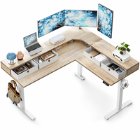 Bureau d'angle électrique moderne en L avec moteur, capacité de charge 120 kg, tiroirs, 3 pieds, réglable en hauteur (assis-debout) pour bureau à domicile
