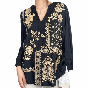 Blusa Casual de Algodón para Mujer, Estilo Vintage con Bordado Floral, Transpirable, Cuello en V, Manga Larga, para Verano - Product Image 1