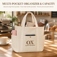 Sac fourre-tout en toile multi-poches avec logo personnalisé, bouton pression en laiton, poches extérieures pour bouteilles, monogramme brodé, sac à main pour les trajets quotidiens