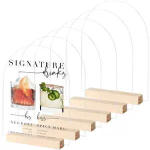 Signe acrylique arqué personnalisé, avec support en bois, arches en acrylique transparent, feuille acrylique pour numéro de table de mariage Menu signe Bar signe