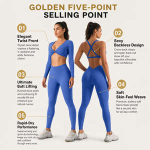 Women Premium Cobalt Blue Seamless Yoga Set with Twist Front Long Sleeve Crop Top and <b>Booty</b> Scrunch High Waist Fitness <b>Leggings</b> - Product Image 3