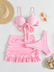 European American Women Three Piece Swimsuit Front Tie Push Up Bikini <b>Skirted</b> Tummy Control Bathing Suit - Product Image 3