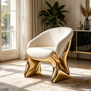 Poltrona Singola in Pelle con Base Scultorea Integrata in Fibra di Vetro Dorata per Spazi Residenziali di Lusso - Product Image 3