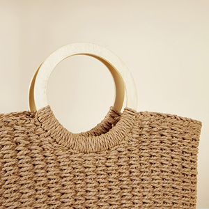 Bolso de mano de paja tejido a mano para mujer, bolso de playa de verano, bolso de hombro bohemio con asa redonda de madera, bolso de vacaciones de gran capacidad - Product Image 5