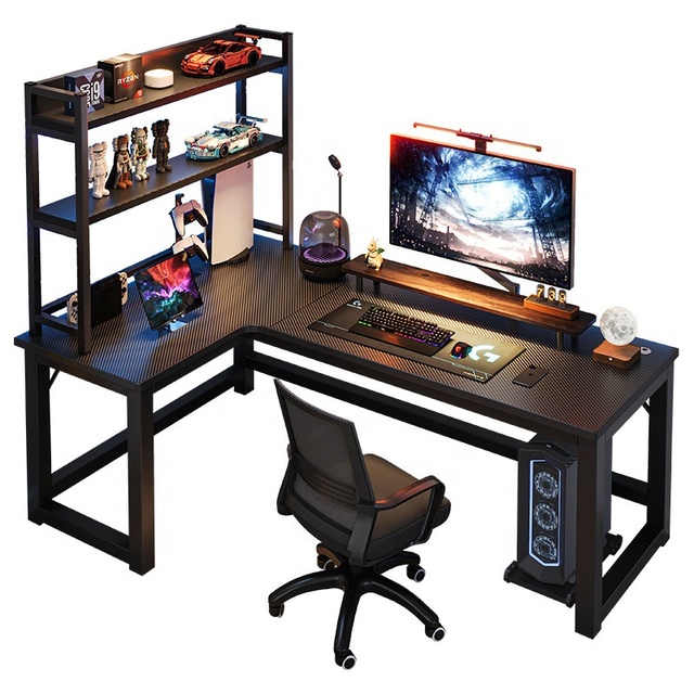 L-Shape Gaming Table with Carbon Fiber MDF Shelf Newest I-Shaped Standing Desk for Home Use