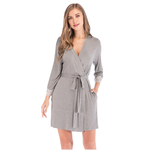 Luxury Adult Satin Sleepwear Elegant Classic 100% Cotton Bathrobe with Black Lace Night Gown Robe for Spring Season Front Logo