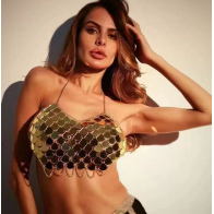 Elegante diseño de cota de malla para mujer, Top Halter metálico, transpirable con cuello cuadrado corta Camiseta sin mangas, trajes informales de moda - Product Image 1