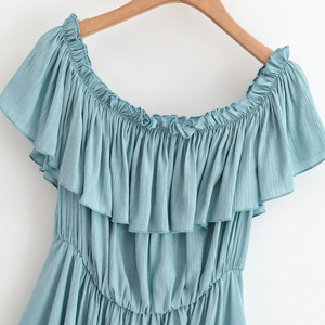 Off Shoulder Ruffle Chiffon Sundress <b>Elastic</b> Waist A-Line Mini Loose Fit Solid Color Summer Beach <b>Dress</b> - Product Image 5