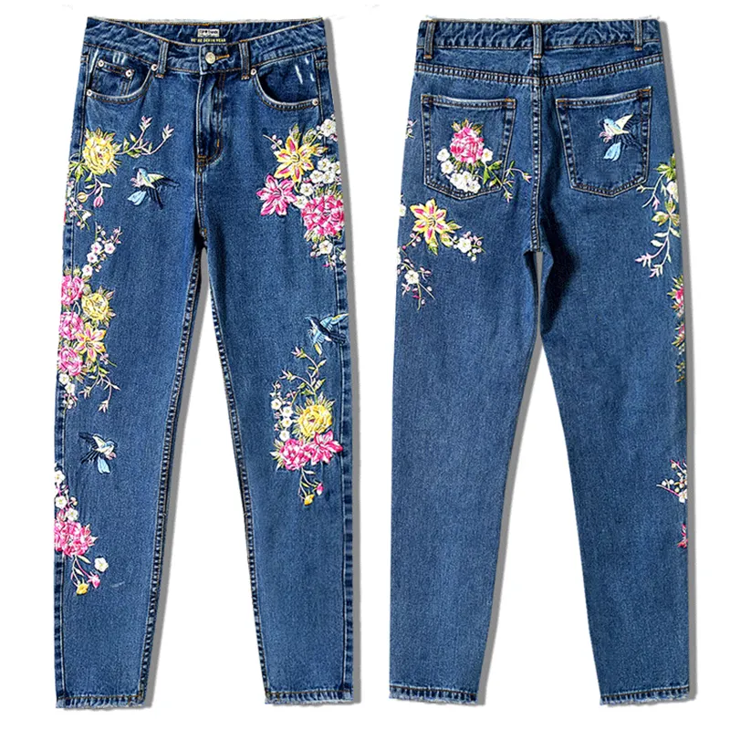 Women Plus Size Flower Embroidery Jeans Female High Waist Jeans Pants