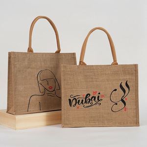 Sac fourre-tout élégant en jute et toile de jute laminée pour le shopping, les voyages et le rangement, avec un motif de lettres attrayant, durable et tendance - Product Image 2