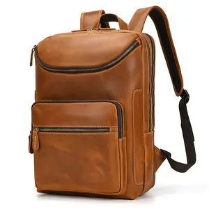 Men's Backpack Retro Crazy Horse Leather Large Capacity Dual Main Bag Backpack Computer Bag Cowhide Backpack