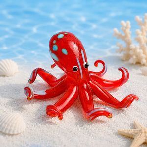 Figura de Pulpo de Vidrio Rojo Hecha a Mano con Puntos Azules y Ojos Negros - Product Image 1