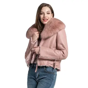 2021 New Arrival Real Genuine Leather Motorcycle Jacket Real Fox Fur Collar Coat Women Winter Jacket