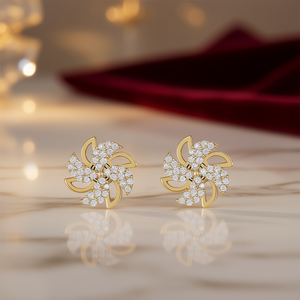 Orecchini a Perno E1572 con Fiore in Oro, Diamanti Taglio Brillante Rotondo, Montatura a Griffe, Lusso per Uso Quotidiano Femminile - Product Image 2