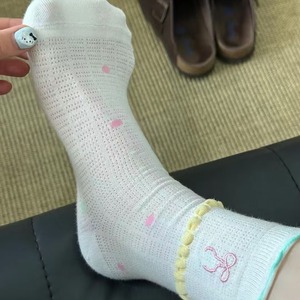 Women's Cotton Slouch <b>Socks</b> With Bow Embroidery <b>Breathable</b> Hollow Out Design For Summer Wear - Product Image 1
