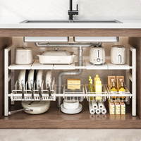 Étagère de rangement sous évier extensible et moderne en acier inoxydable multi-usages pour ustensiles de cuisine et produits de nettoyage