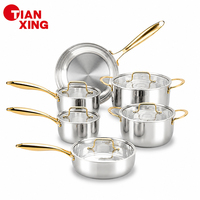 Ensemble de casseroles TIANXING avec poignée dorée et couvercle en verre, ensemble de casseroles de cuisson, antiadhésif, acier inoxydable 3 plis, casserole, soupière et marmites à bouillon