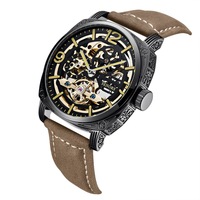 Montre mécanique automatique squelette pour homme, bracelet en cuir marron, étanche, design tendance
