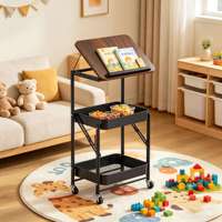 Chariot utilitaire pliable à 3 niveaux sur roulettes - Chariot de rangement mobile avec plateau en bois amovible pour cuisine et bureau