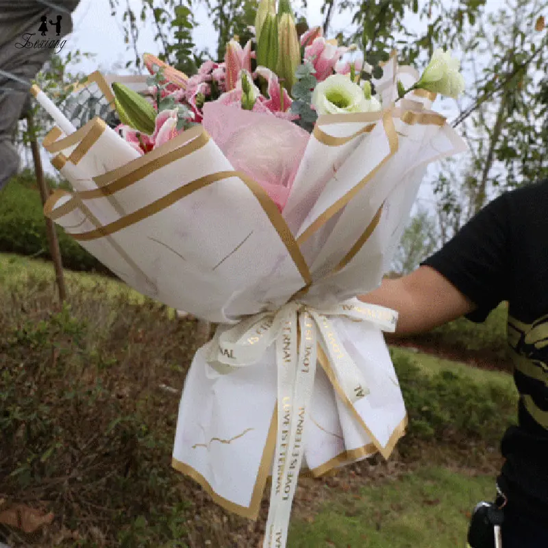 Embalagem de papel para flor, embalagem de papel de flor à prova d'água com borda dourada 2023 original