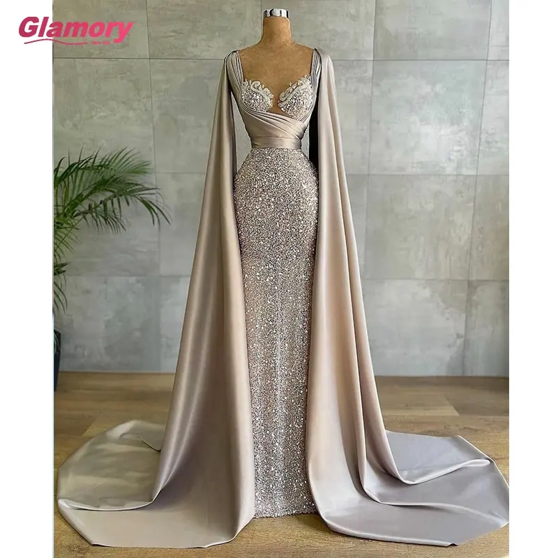 2021 Long Sleeves Mermaid Evening Dresses Long Satin Party Gowns Beading Elegant Evening Dresses For Women