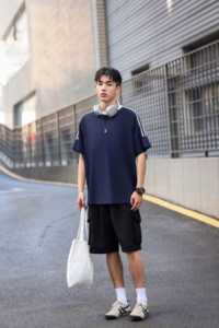 Unisex 240g 100% Cotton Color Block 3 Stripes Crew Neck Short Sleeve Tee - Product Image 2