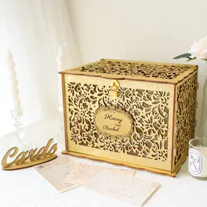 Gold Wedding Card Box for Wedding Reception Glittery Wooden Card Boxes with Lock Gift Card for Party Wedding Decoration