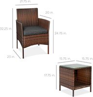 Ensemble de trois pièces de salon de jardin en osier tressé, comprenant une table et deux chaises, avec coussins de siège doux et confortables