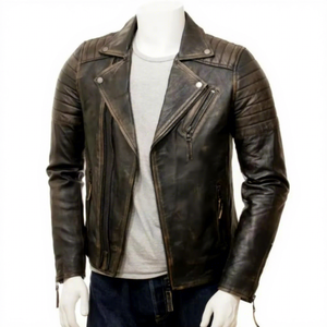 Veste en cuir véritable marron pour homme, coupe ajustée, style motard, asymétrique, avec fermeture éclair croisée, en cuir de vachette, épaules rembourrées, vintage, personnalisée - Product Image 1