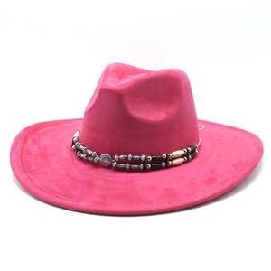Sombrero de vaquero de gamuza estilo western con ala grande para hombre y mujer, sombrero de vaquera rosa, sombreros Fedora de fieltro - Product Image 5