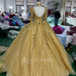Robe de Soirée Quinceañera Élégante Or Champagne Mc031, Ornée de Cristaux Scintillants, en Tulle Longueur Ras du Sol avec Traîne Chapelle, 100% Polyester - Product Image 6
