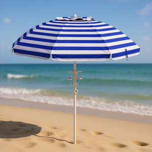 Parasol de plage réglable à rayures bleues et blanches avec porte-gobelets, crochet, volants ventilés, 8 pieds, en polyester, avec tige en alliage d'aluminium - Product Image 2