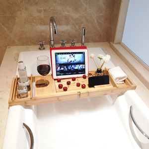 Support de tablette et téléphone rétractable antidérapant en bambou pour baignoire, accessoire de bain multifonctionnel - Product Image 4